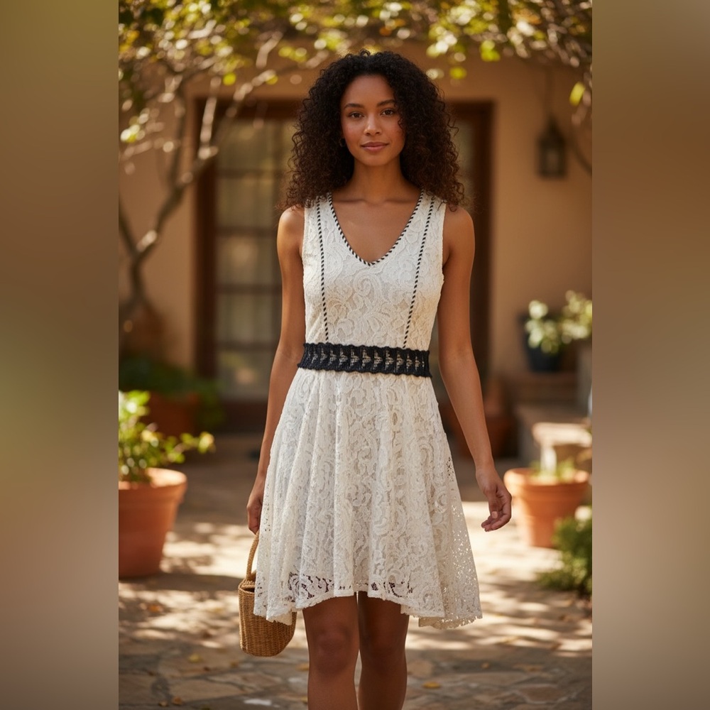 Ryu Cream Dress with Navy Trim